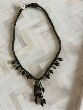 NWT Beaded Black and Green Fringe Necklace